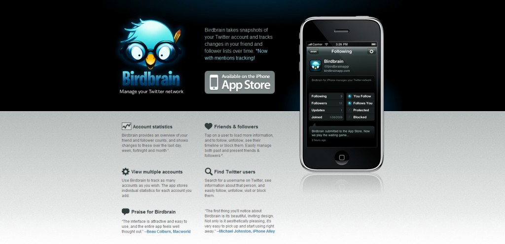 birdbrainapp 1024x496 100 Wonderfully Designed iPhone App Websites