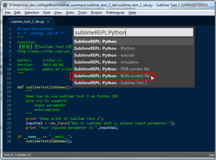 SublimeREPL Python RUN current file