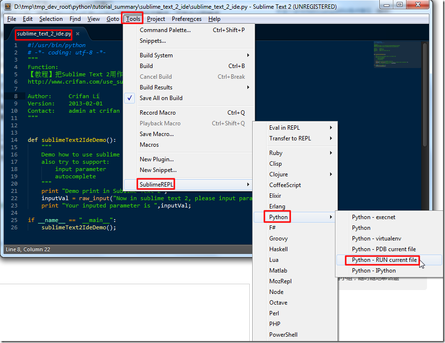 Tools SublimeREPL Python run current file