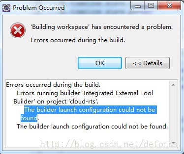 The builder launch configuration could not be found