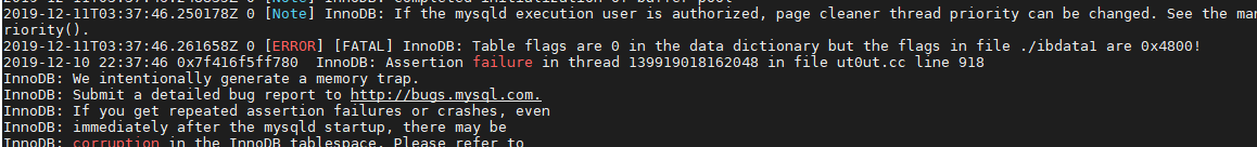 Mysql : InnoDB: Table flags are 0 in the data dictionary but the flags in file ./ibdata1 are 0x4800!