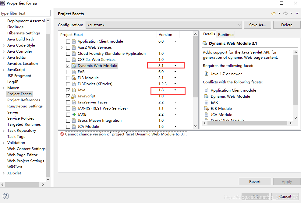 eclipse maven webCannot change version of project facet Dynamic web module to 3.1