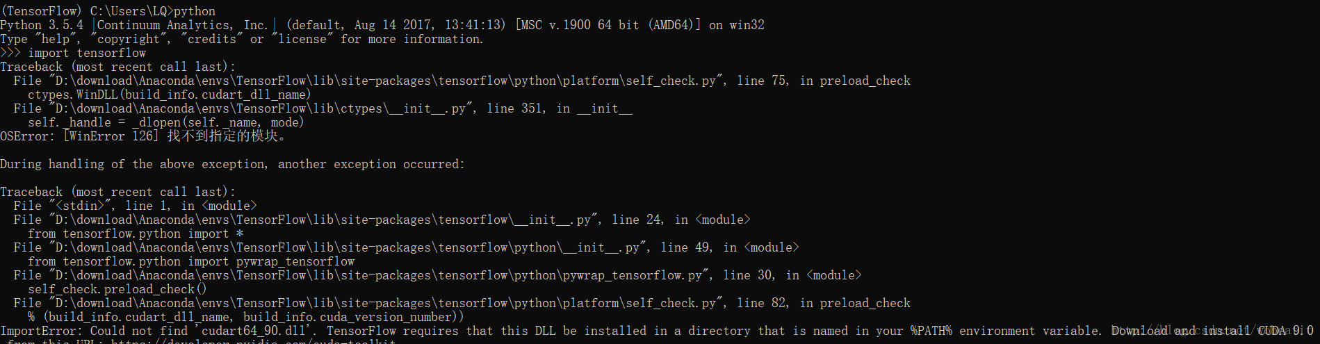 ImportError: Could not find 'cudart64_90.dll'. Tensorflow cuda 8.0 + cudnn 6.0 python3.5
